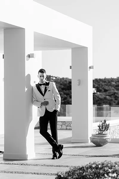 luxe private villa wedding in Greece, groom preparation