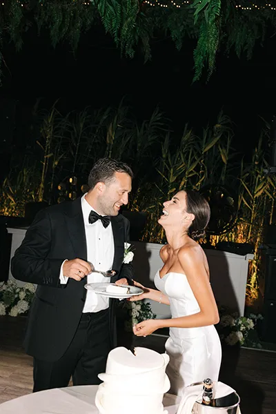 wedding cake cutting, Athens Riviera wedding celebration